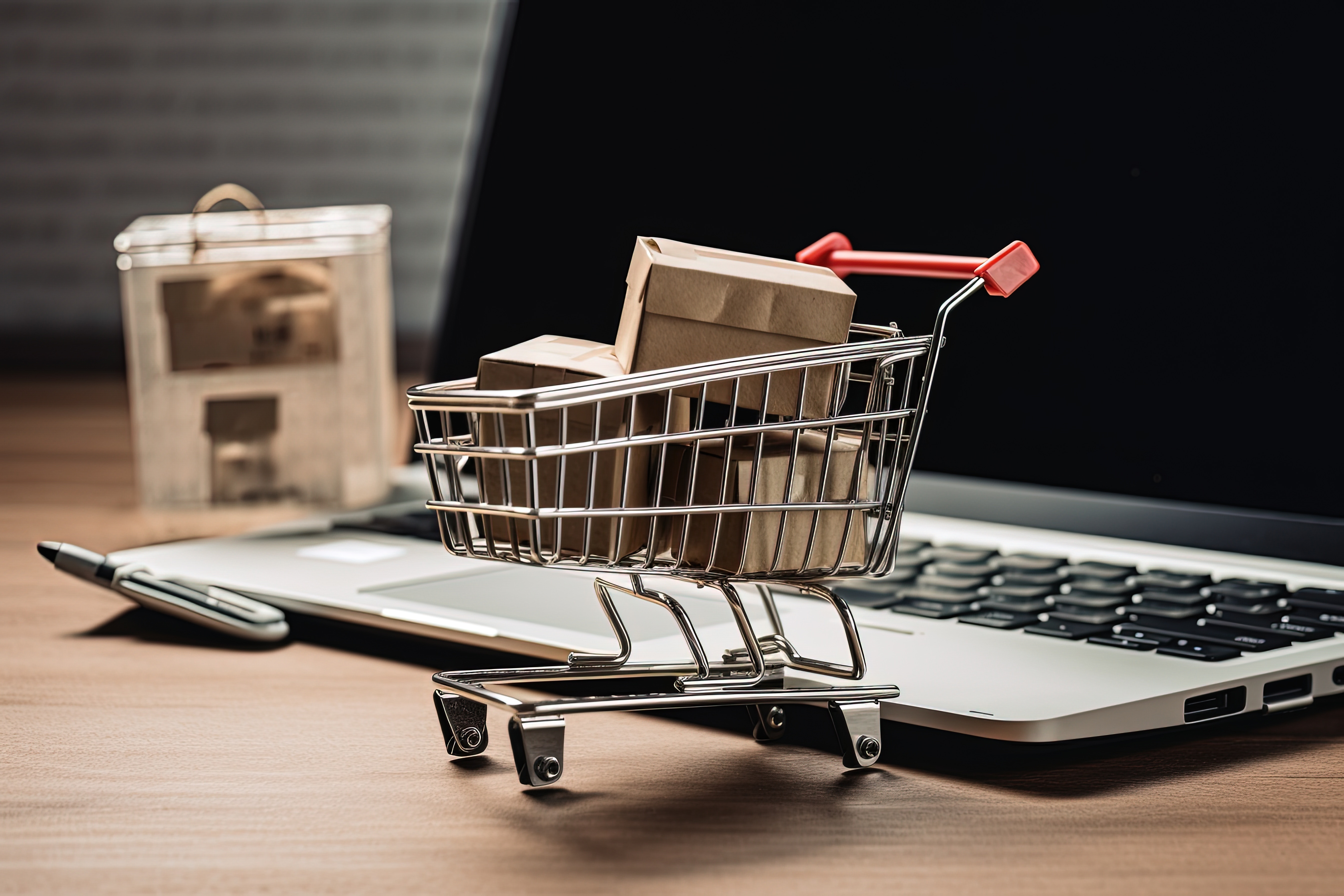 shopping cart with items in front of laptop