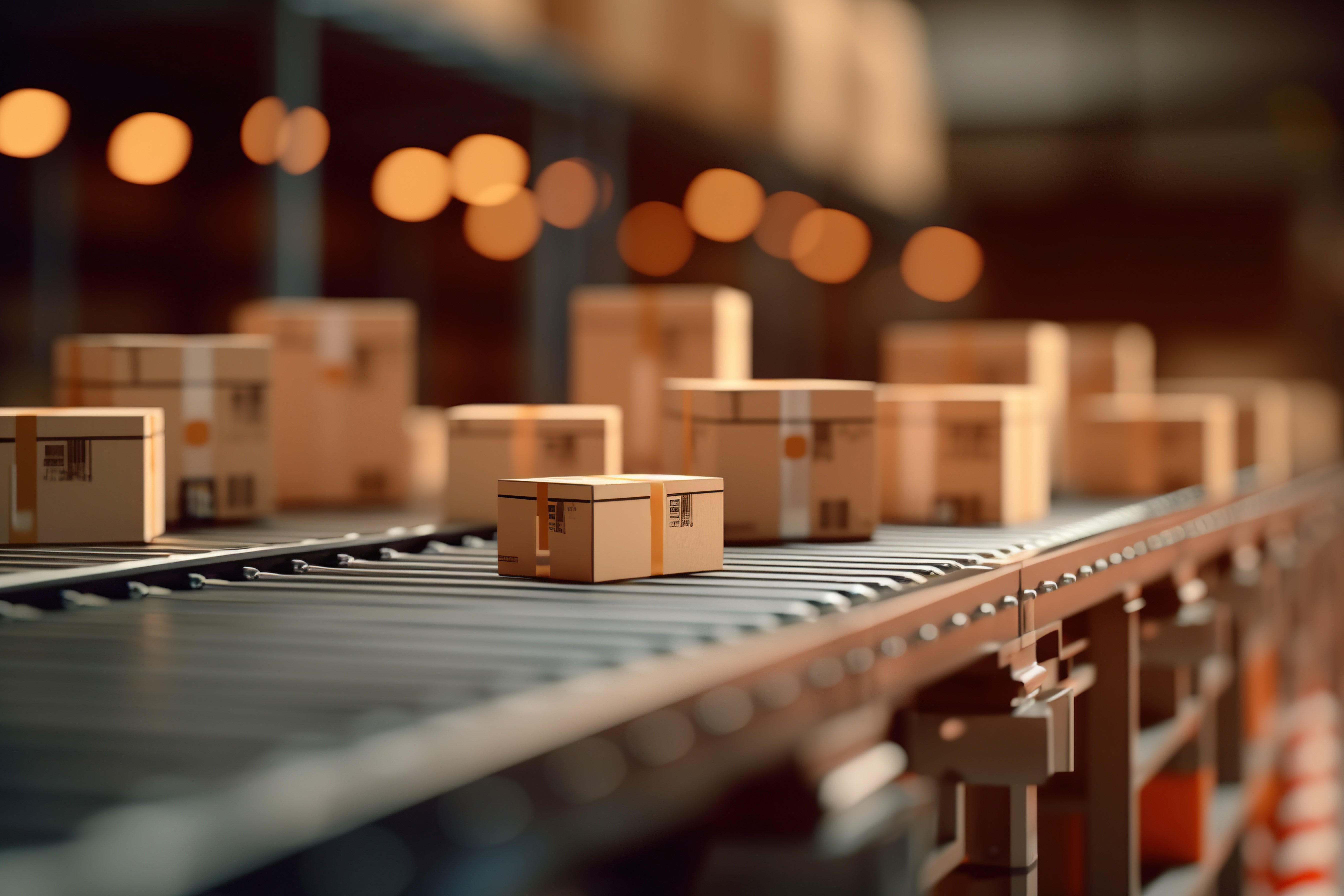 boxes on conveyor belt in warehouse setting